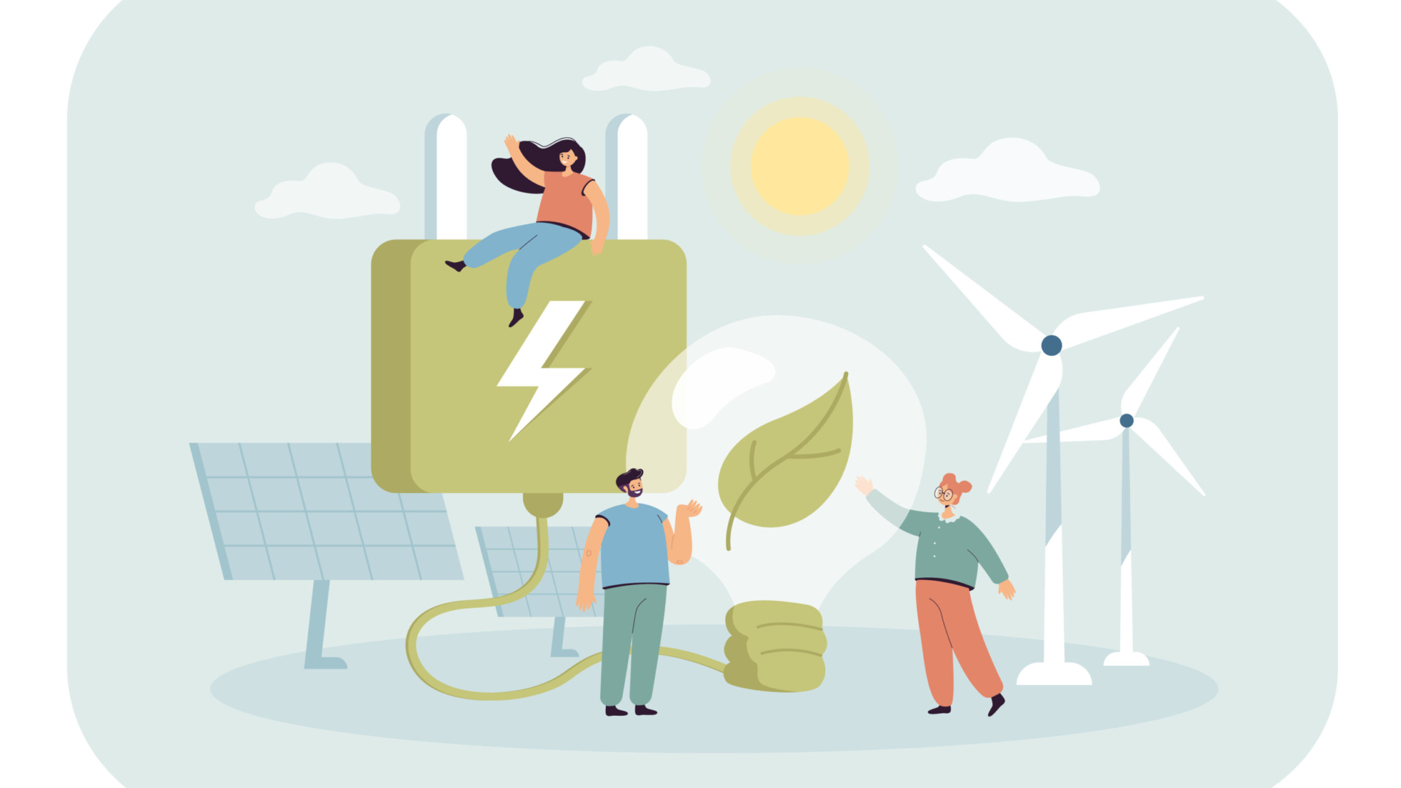 Tiny characters in village with windmills and solar panels. Save planet, people with eco-friendly lifestyle flat vector illustration. Sustainable or renewable energy, technology concept for banner